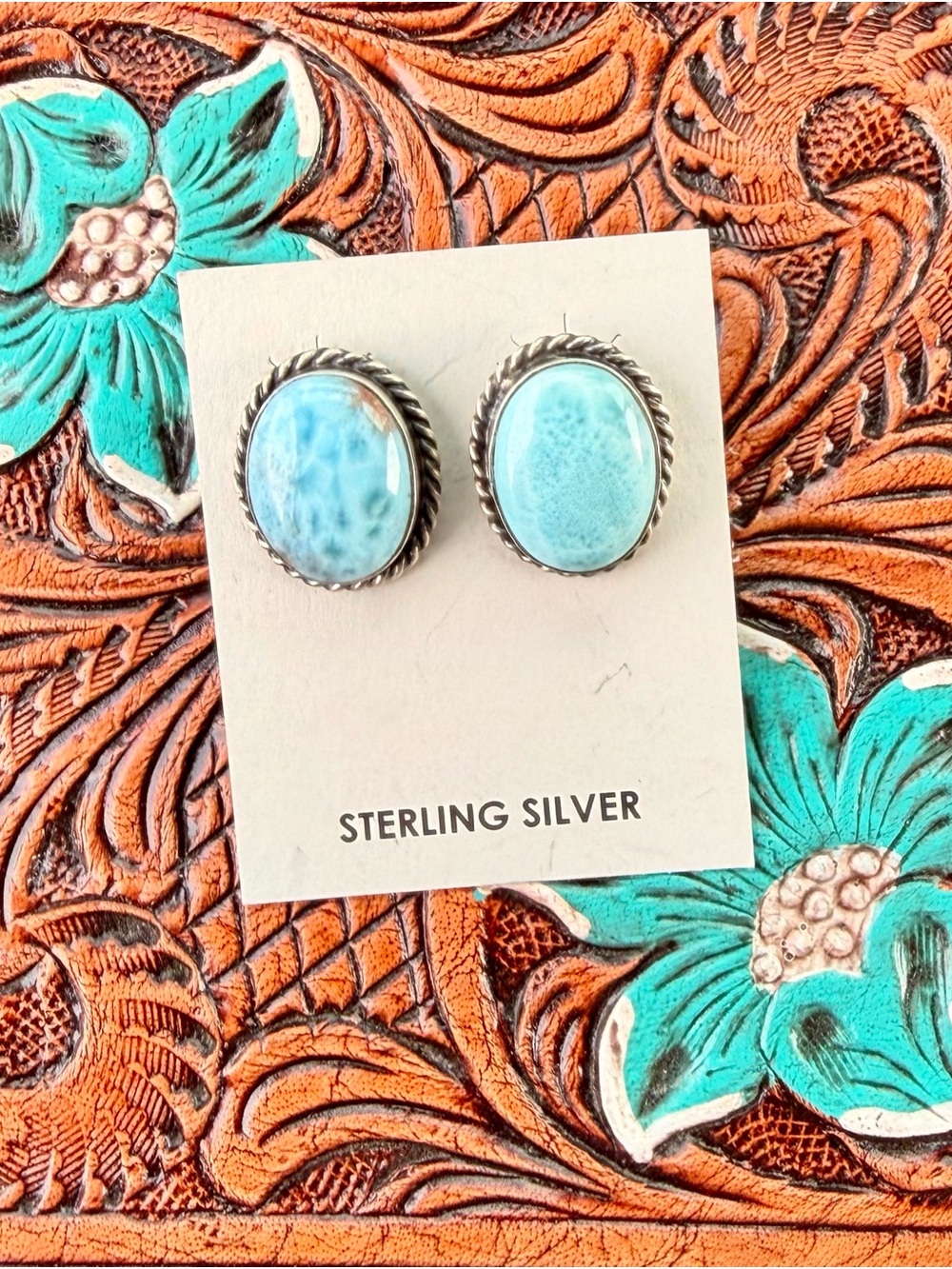 925 Sterling Silver Signed and Stamped Larimar Oval Stud Earrings - Light Blue